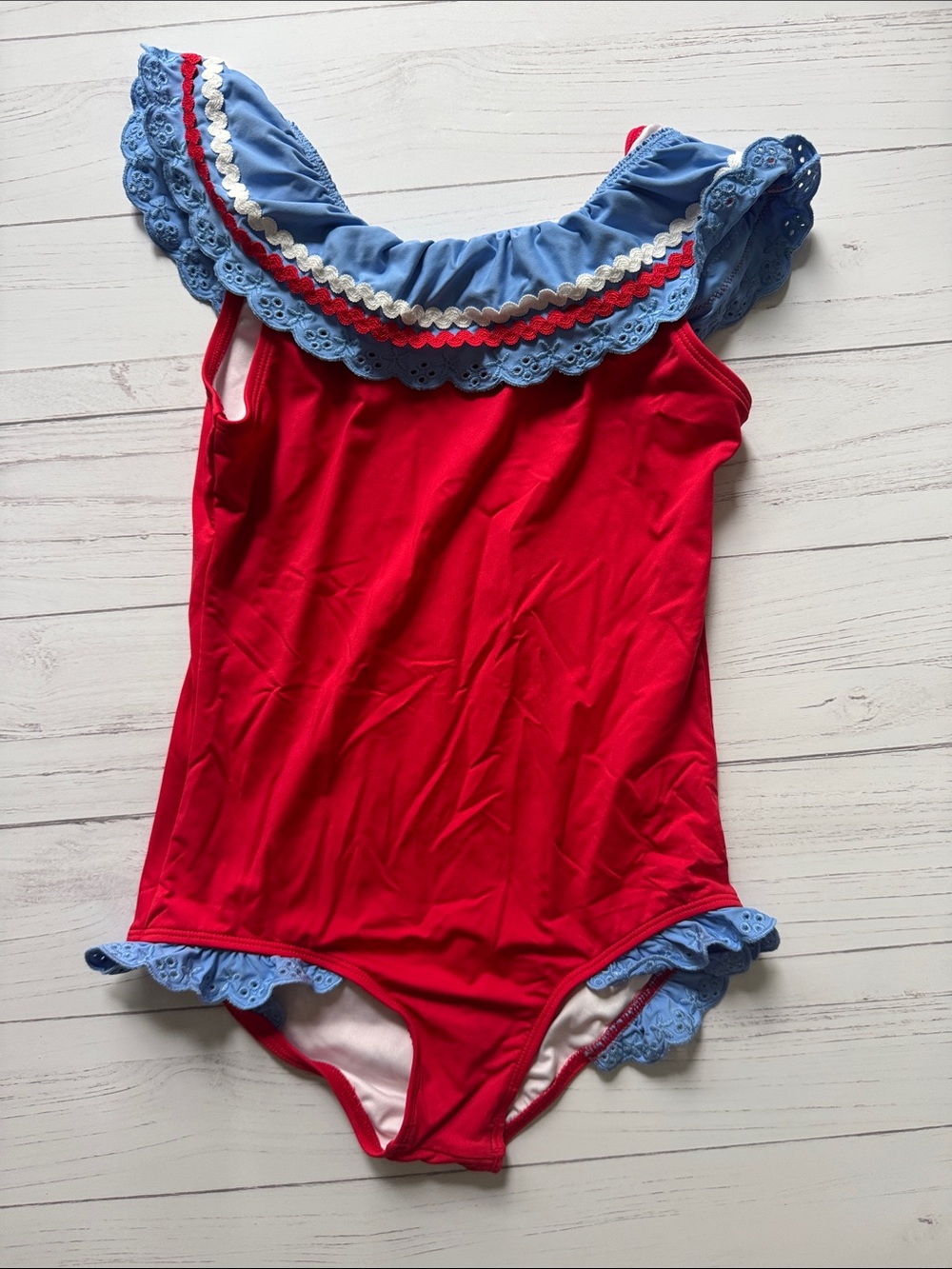 TBBC Girls Red One-Piece Swimsuit with Blue Ruffle Trim